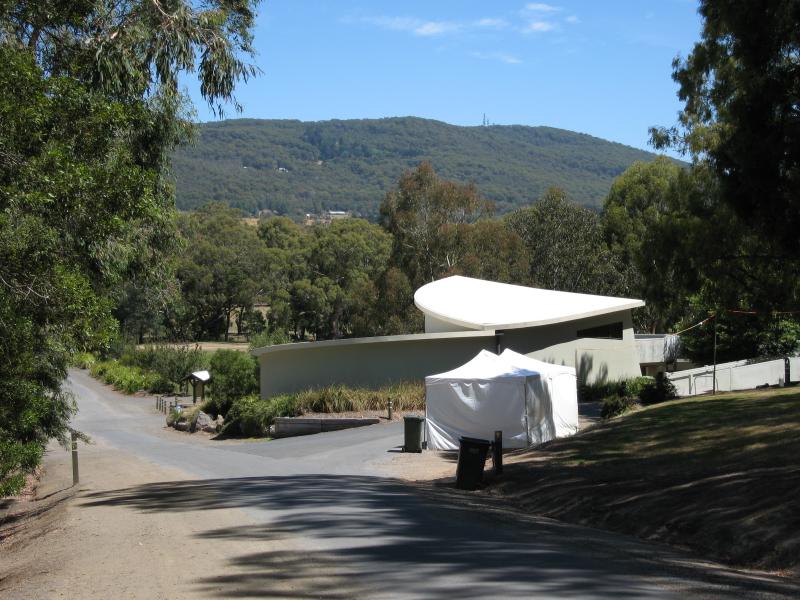 Woodend - Hanging Rock Reserve, South Rock Road: View towards Hanging Rock Discovery Centre from racecourse