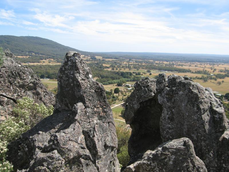 Woodend - Climb to summit of Hanging Rock: View south-west to Mt Macedon at Morgan's Lookout