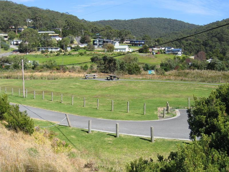 Wye River - Town of Kennett River: South-westerly view across parkland from Great Ocean Rd at Kennett River bridge