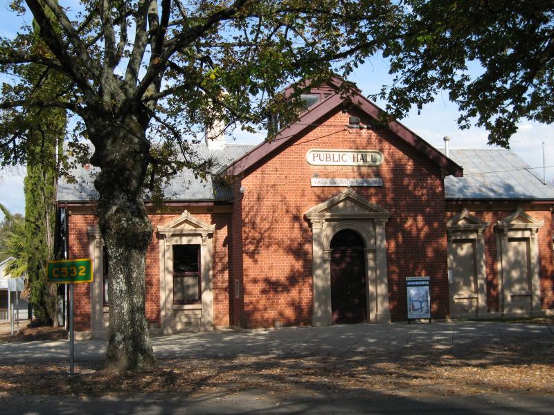 Yackandandah - High Street between Bells Flat Road and Wellsford Street: Yackandandah public hall and cinema near Wellsford St