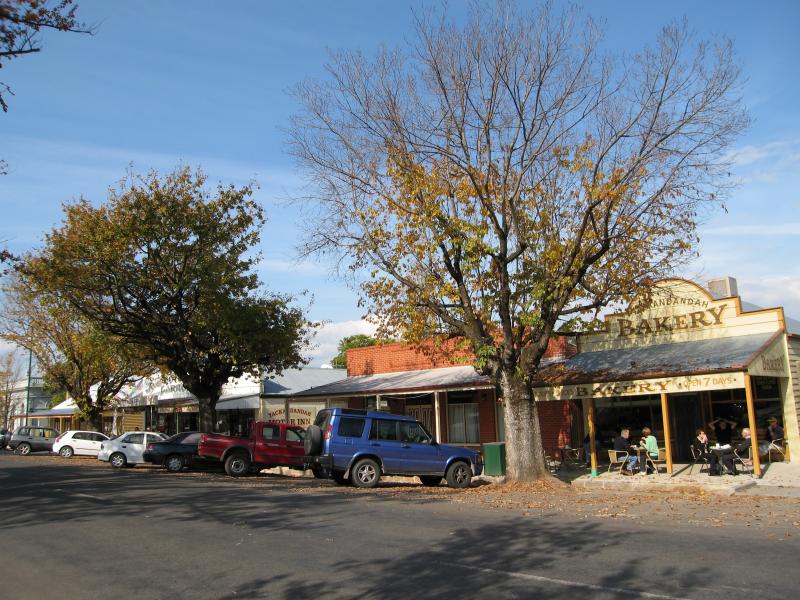 Yackandandah - Shops and commercial centre, High Street between Wellsford Street and Williams Street: View east along High St towards bakery
