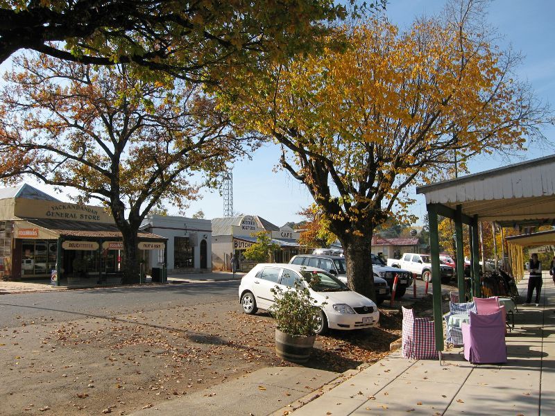 Yackandandah - Shops and commercial centre, High Street between Wellsford Street and Williams Street: View east along High St