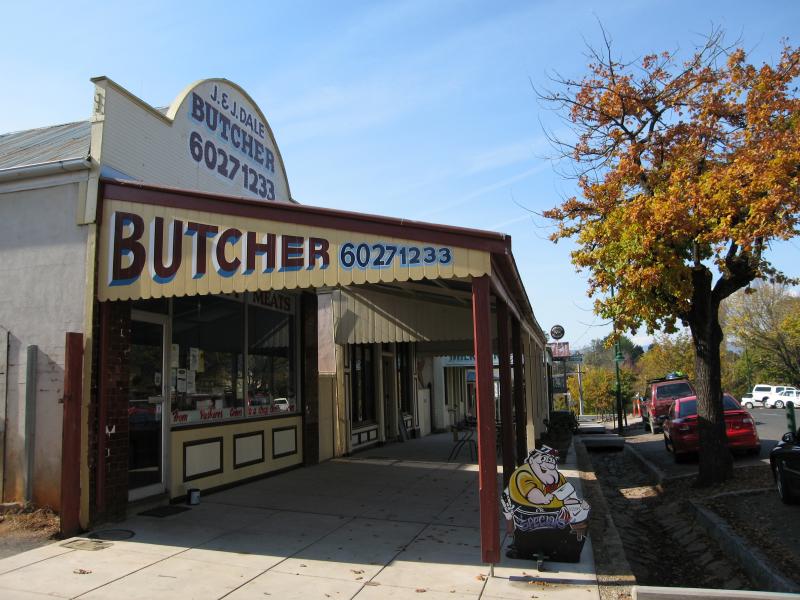 Yackandandah - Shops and commercial centre, High Street between Wellsford Street and Williams Street: Butcher, view east along High St