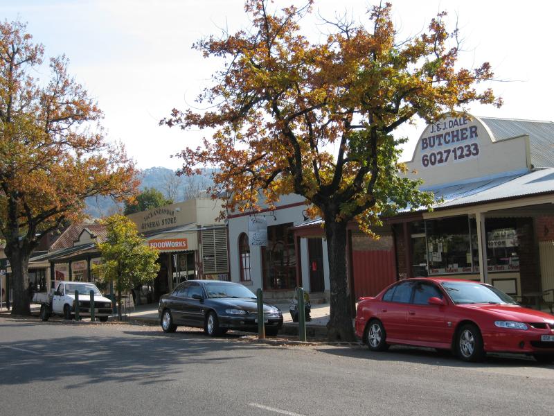 Yackandandah - Shops and commercial centre, High Street between Wellsford Street and Williams Street: View west along High St towards butcher and general store