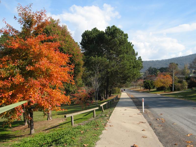Yackandandah - Sir Isaac Isaacs Park, corner Isaacs Avenue and Railway Avenue: View south-west along Railway Av at park
