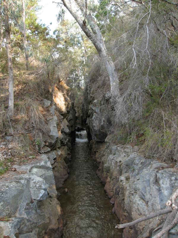 Yackandandah - Crossing Place, Bells Flat Road: View south along creek towards gorge
