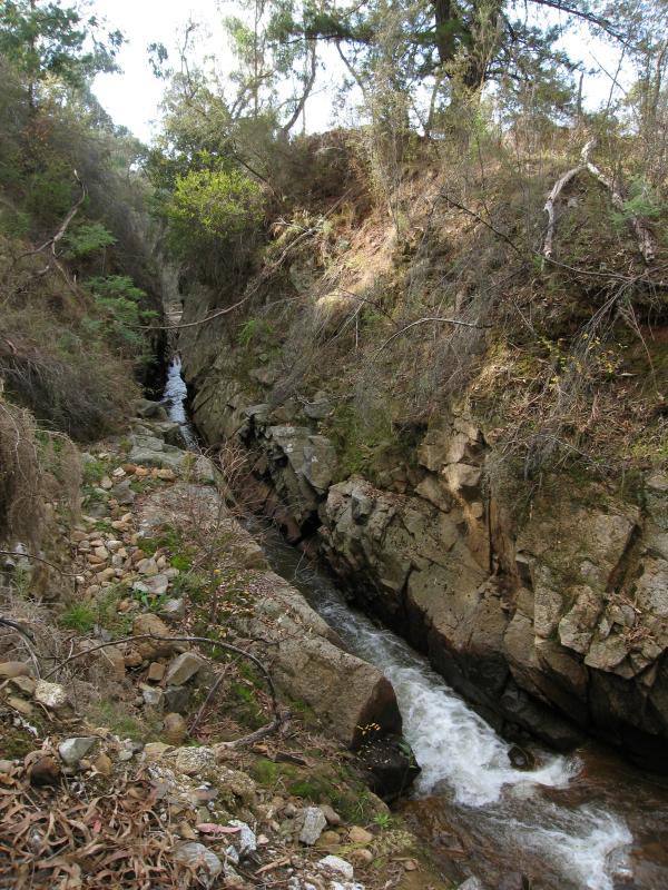 Yackandandah - Crossing Place, Bells Flat Road: View north along creek towards gorge from lookout
