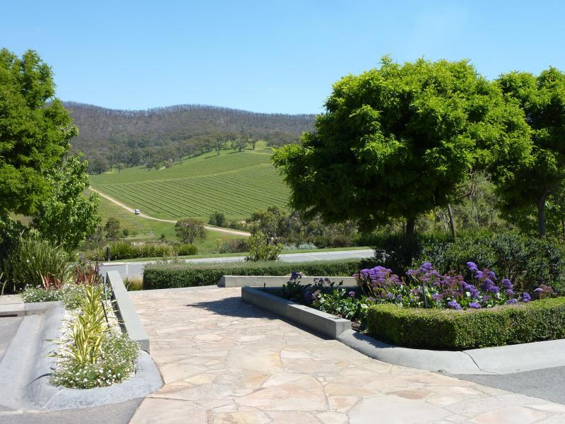 Yarra Glen - De Bortoli Winery, Pinnacle Lane, Dixons Creek: Westerly view from car park towards vineyard