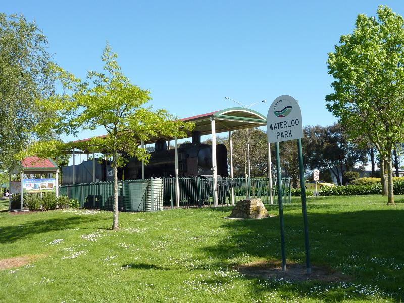 Yarragon - Waterloo Park, Princes Highway service road between Murray Street and Rollo Street: View of park and steam train display from service road