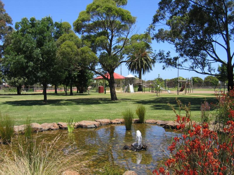 Yarram - Yarram Memorial Park, corner Commercial Road and Grant Street: View of playground from pond