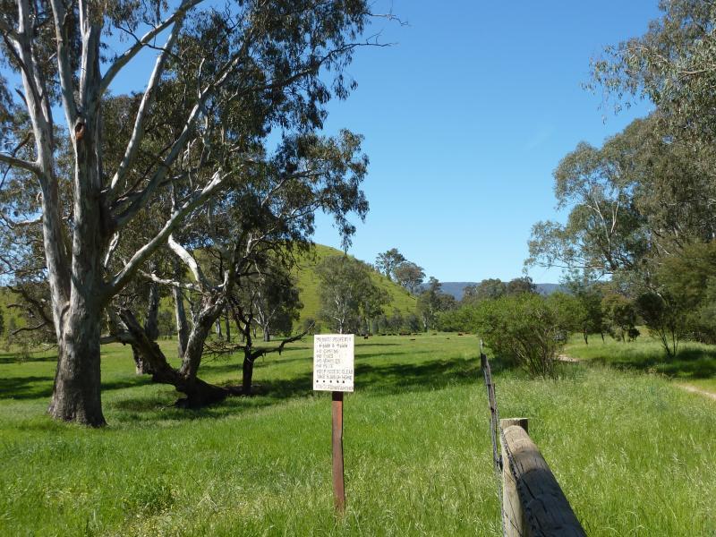 Yea - Goulburn River at the reserve and boat ramp off east side of Ghin Ghin Road: View east through fields at car park near boat ramp